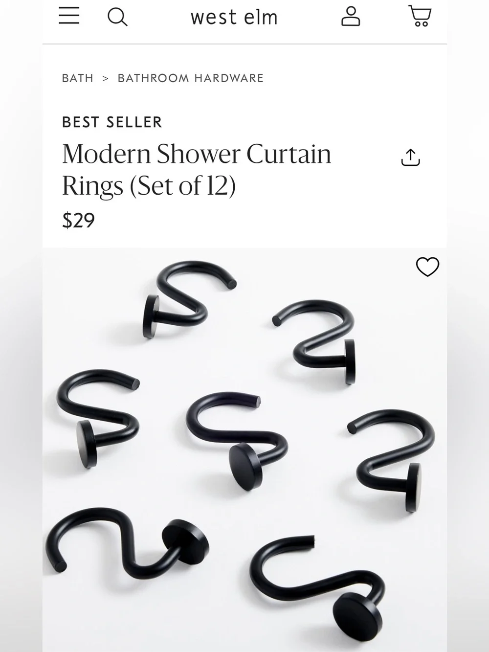 Free shipping! West elm modern shower curtain hooks